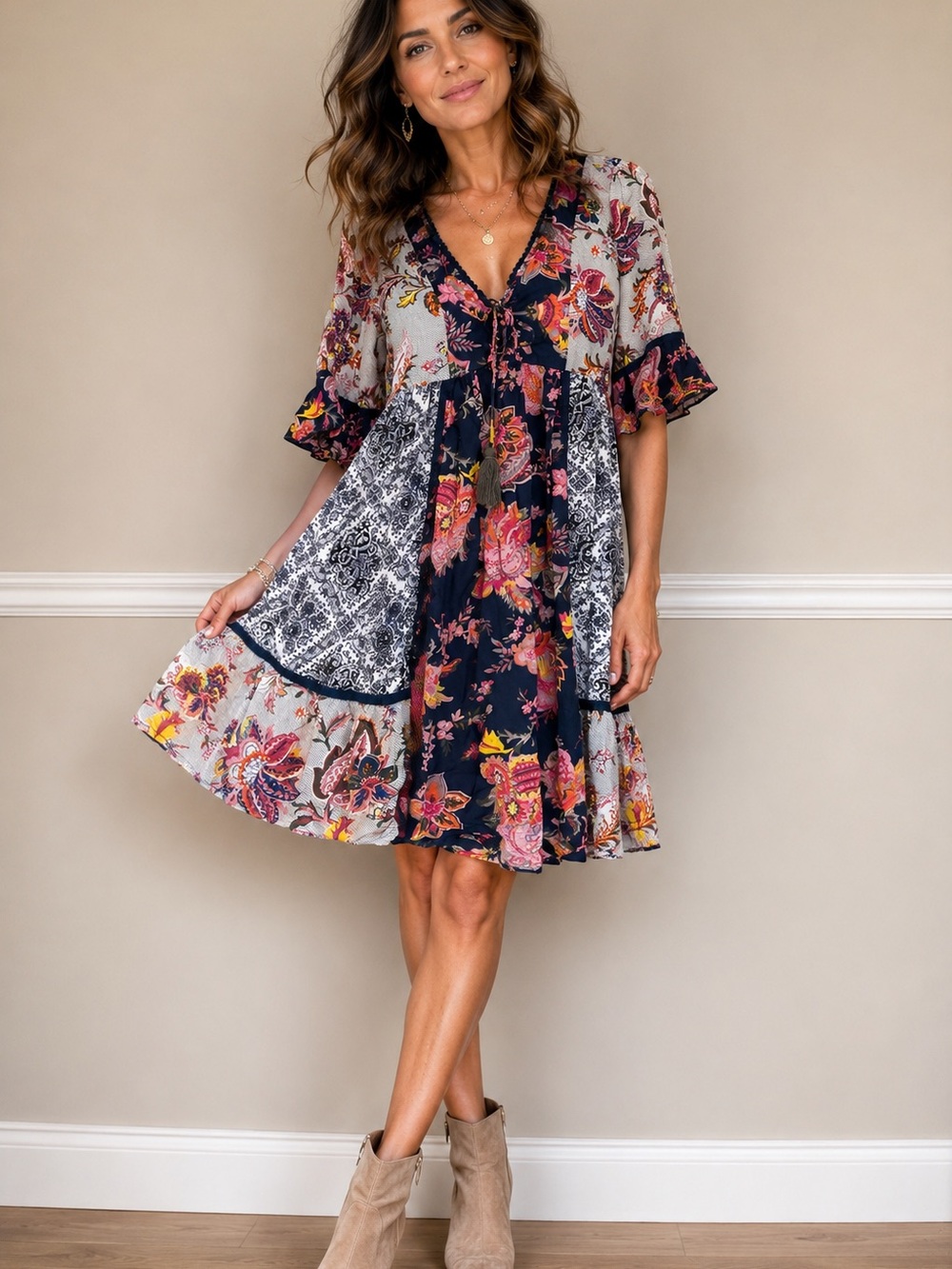 Lilka by Anthropologie Women's XS Patchwork Trapeze Swing Boho Dress Babydoll